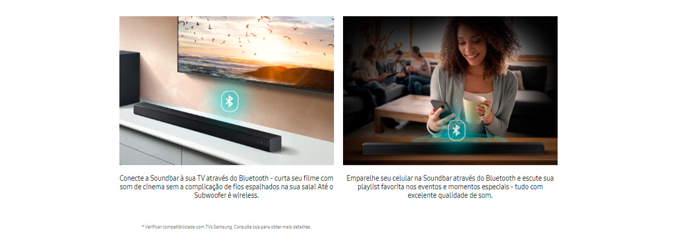 Soundbar Samsung HW-T555, com 2.1 canais, potência de 320W, Bluetooth, Subwoofer sem fio e DTS Virtual:X